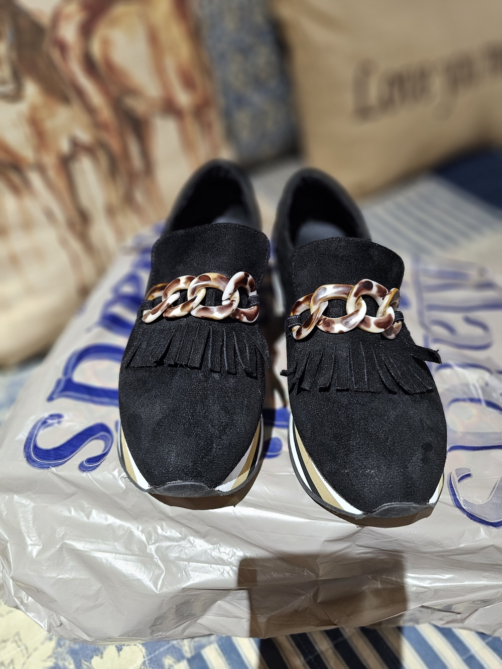 Coconuts by Matisse Black Suede Fringe Slip-Ons with Tortoiseshell Chain